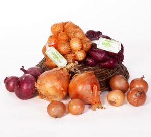 kleine Netzte mit hellen und roten Zwiebeln liegen auf einem Korb, davor liegen lose Zwiebeln