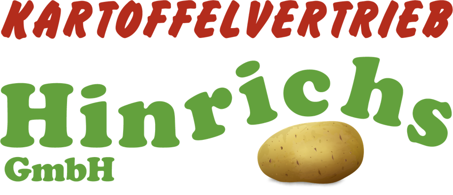 Logo mit rotem Text "KARTOFFELVERTRIEB" oben, grünem Text "Hinrichs GmbH" darunter und einem Bild einer Kartoffel.