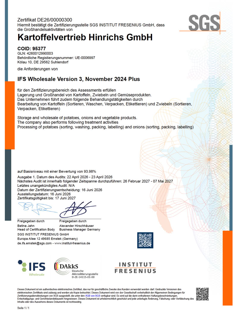 Ein Zertifikat mit dem Titel "Kartoffelvertrieb Heinrichs GmbH" und Logos von SGS, IFS, und anderen Institutionen, enthält Text und Unterschriften.