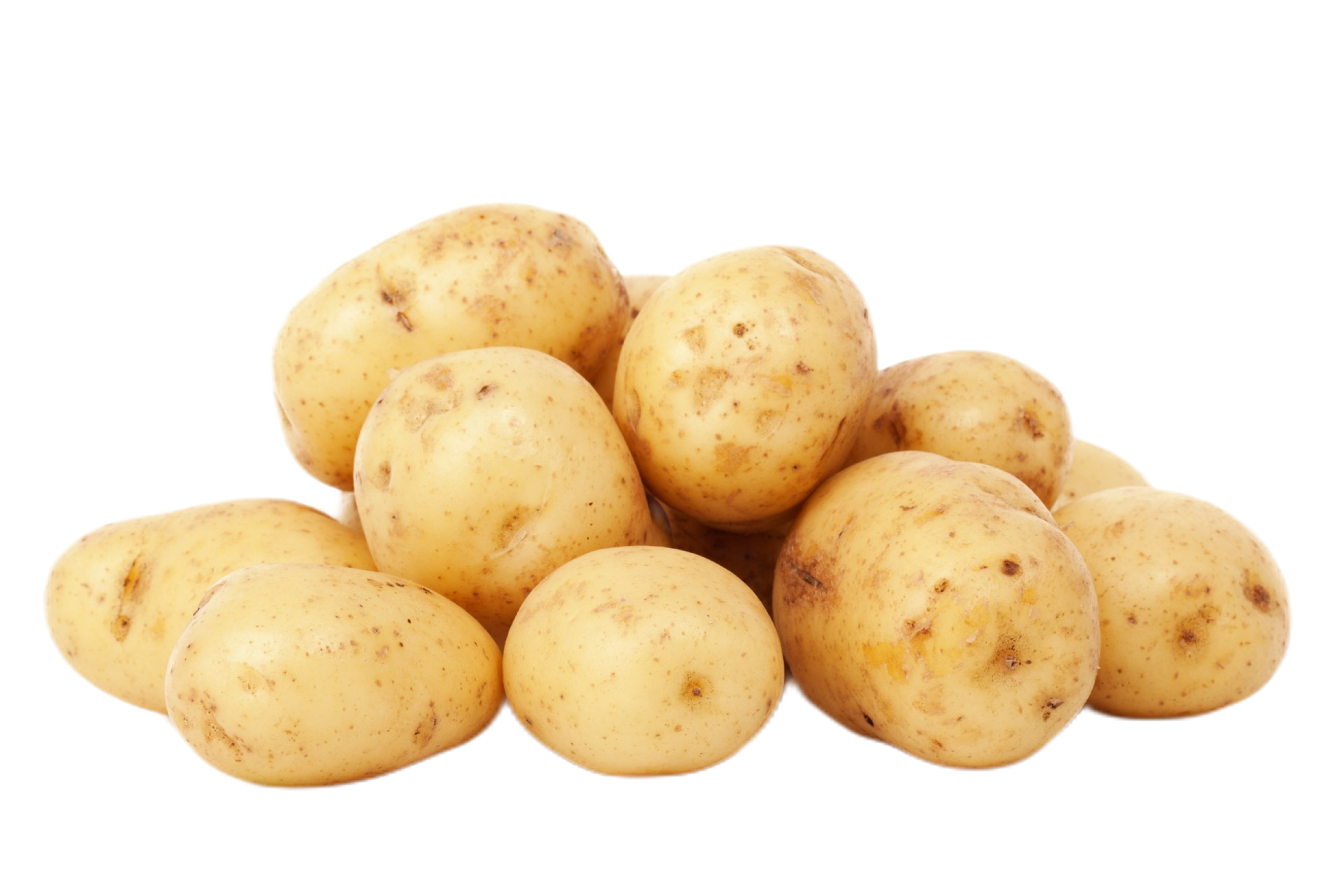 Ein Haufen gelber Kartoffeln auf weißem Hintergrund.