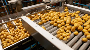 Kartoffeln auf einem Förderband in einer Fabrik.