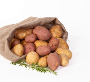 bunte Kartoffeln in offenem Jutebeutel